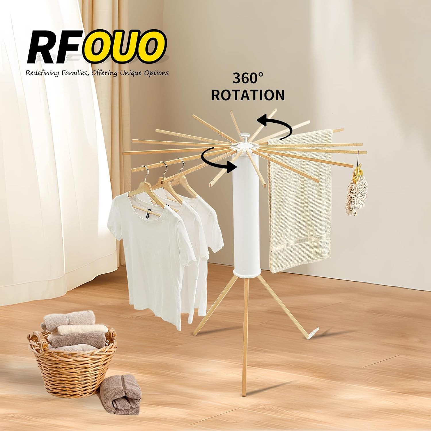 RFOUO Clothes Drying Rack Tripod,Foldable Portable Laundry Drying Rack with Wooden 16 Rods, Space-Saving Freestanding Clothes Rack for Indoor Outdoor, Apartment, Bedroom, Laundry Room