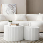 Round Nesting Coffee Table Set of 2, Modern Handcraft Wood Side Table Drum Accent End Table Embossed Design Circular Coffee Table Set for Living Room Bedroom, White