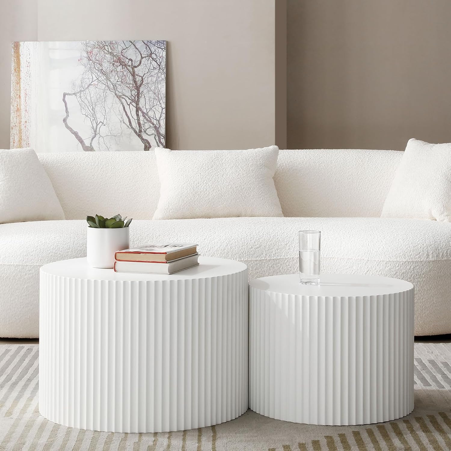 Round Nesting Coffee Table Set of 2, Modern Handcraft Wood Side Table Drum Accent End Table Embossed Design Circular Coffee Table Set for Living Room Bedroom, White