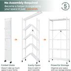 DEANIC 5 Tier Foldable Storage Shelves with Wheels, Large Capacity Shelving Unit, Freestanding Metal Wire Shelf Rack, No Assembly Organizer Rack for Garage Kitchen, Basement, Pantry(White)