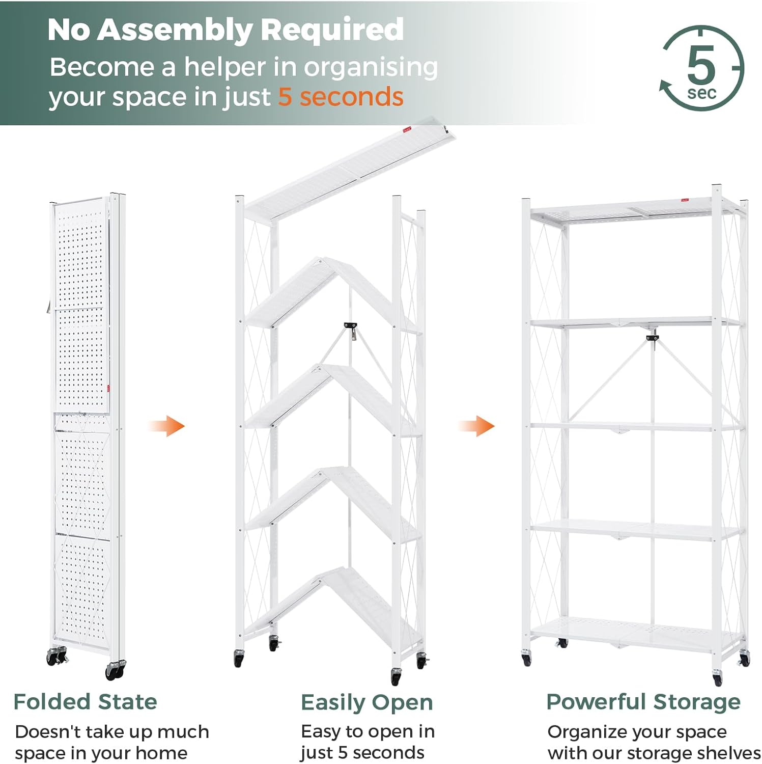 DEANIC 5 Tier Foldable Storage Shelves with Wheels, Large Capacity Shelving Unit, Freestanding Metal Wire Shelf Rack, No Assembly Organizer Rack for Garage Kitchen, Basement, Pantry(White)