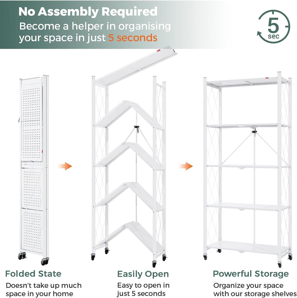 DEANIC 5 Tier Foldable Storage Shelves with Wheels, Large Capacity Shelving Unit, Freestanding Metal Wire Shelf Rack, No Assembly Organizer Rack for Garage Kitchen, Basement, Pantry(White Pack of 3)