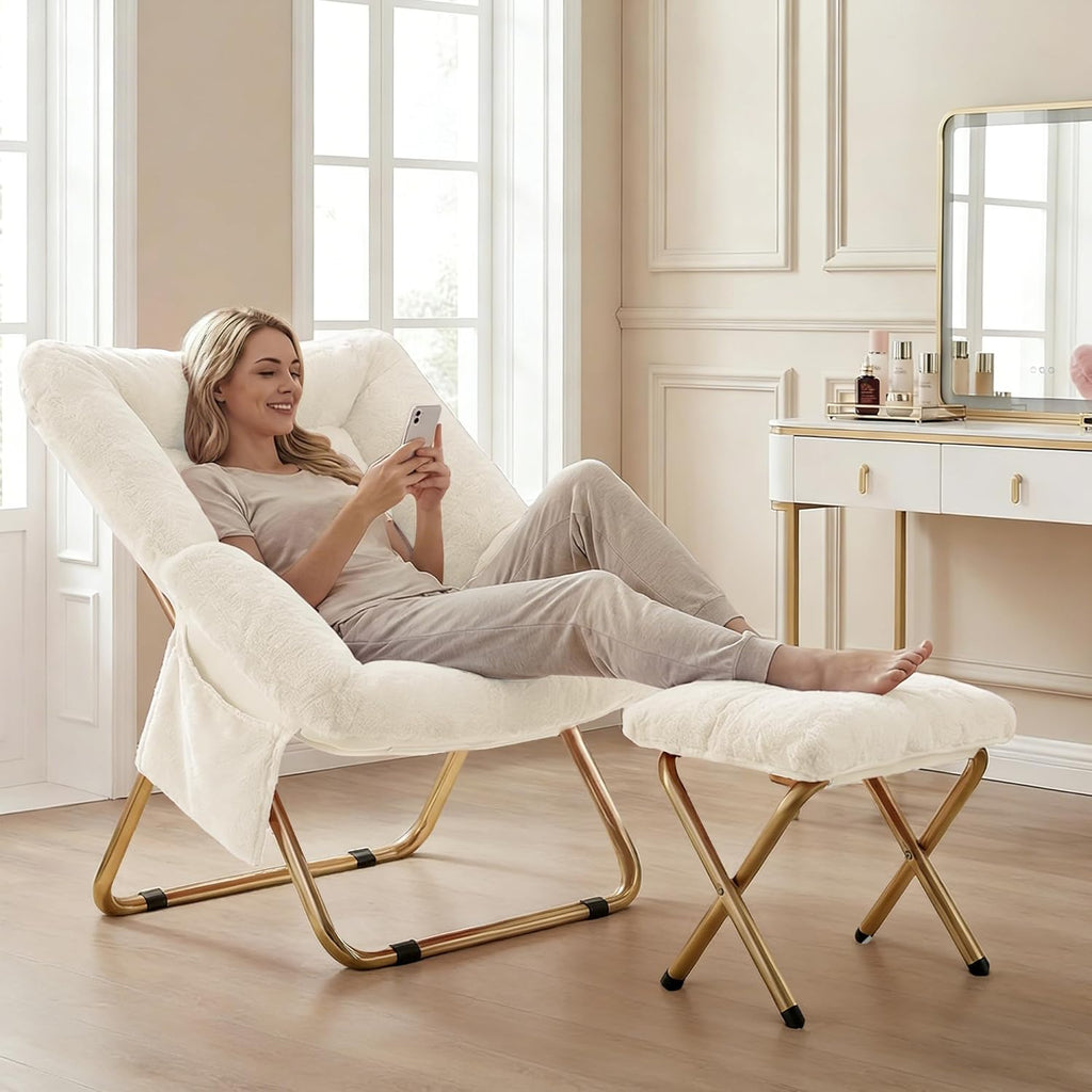Comfy Saucer Chair for Adults, Foldable Living Room Chairs, Soft Faux Fur Lounge Chair for Bedroom, Reading Chairs, X-Large (Ottoman-White)