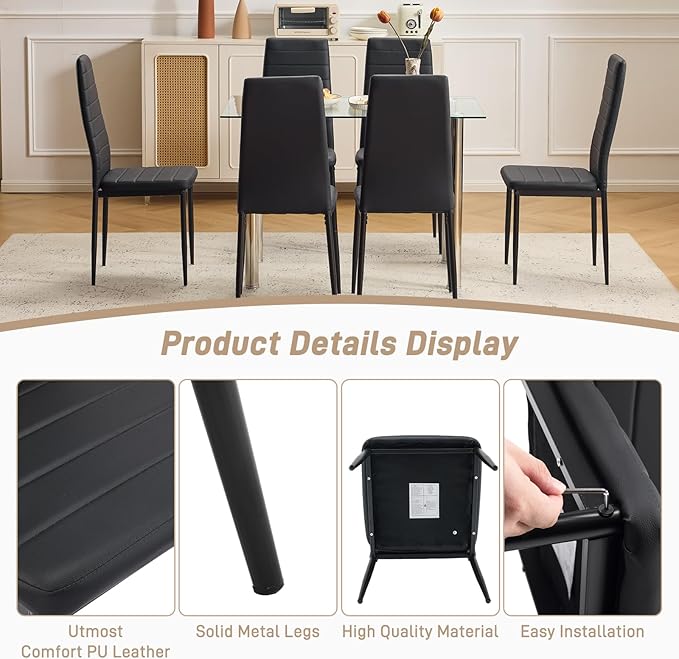 Karl home Black PU Dining Chair Set of 6, Leather Dining Chairs with Curved Back & Foot Cap Protection for Dining Kitchen Living Room, Black Round Legs, 300lbs Capacity