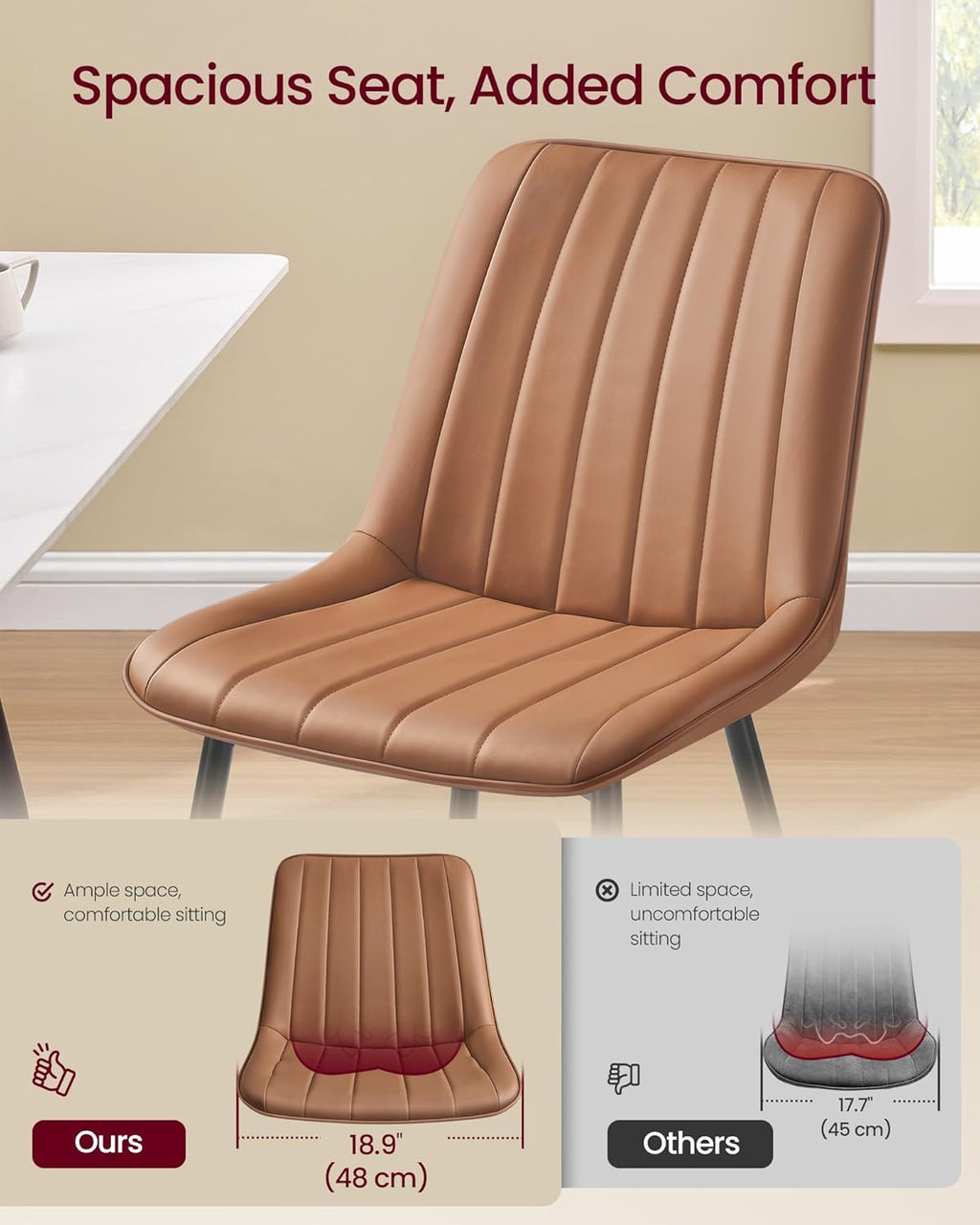 VASAGLE Dining Chairs Set of 4, Upholstered Kitchen Chairs, Synthetic Leather, Max. Load 264 lb, Steel Legs, Curved Backrest, for Dining Room, Caramel Brown and Ink Black ULDC090KN03-2J