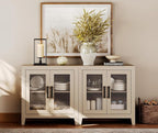 WAMPAT Farmhouse TV Stand for TVs up to 65”, Rustic Wood Entertainment Center with Adjustable Shelf, Glass Doors & Storage, Media Console Cabinet for Living-Room, Bedroom, Beige