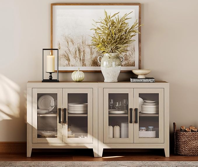 WAMPAT Farmhouse TV Stand for TVs up to 65”, Rustic Wood Entertainment Center with Adjustable Shelf, Glass Doors & Storage, Media Console Cabinet for Living-Room, Bedroom, Beige