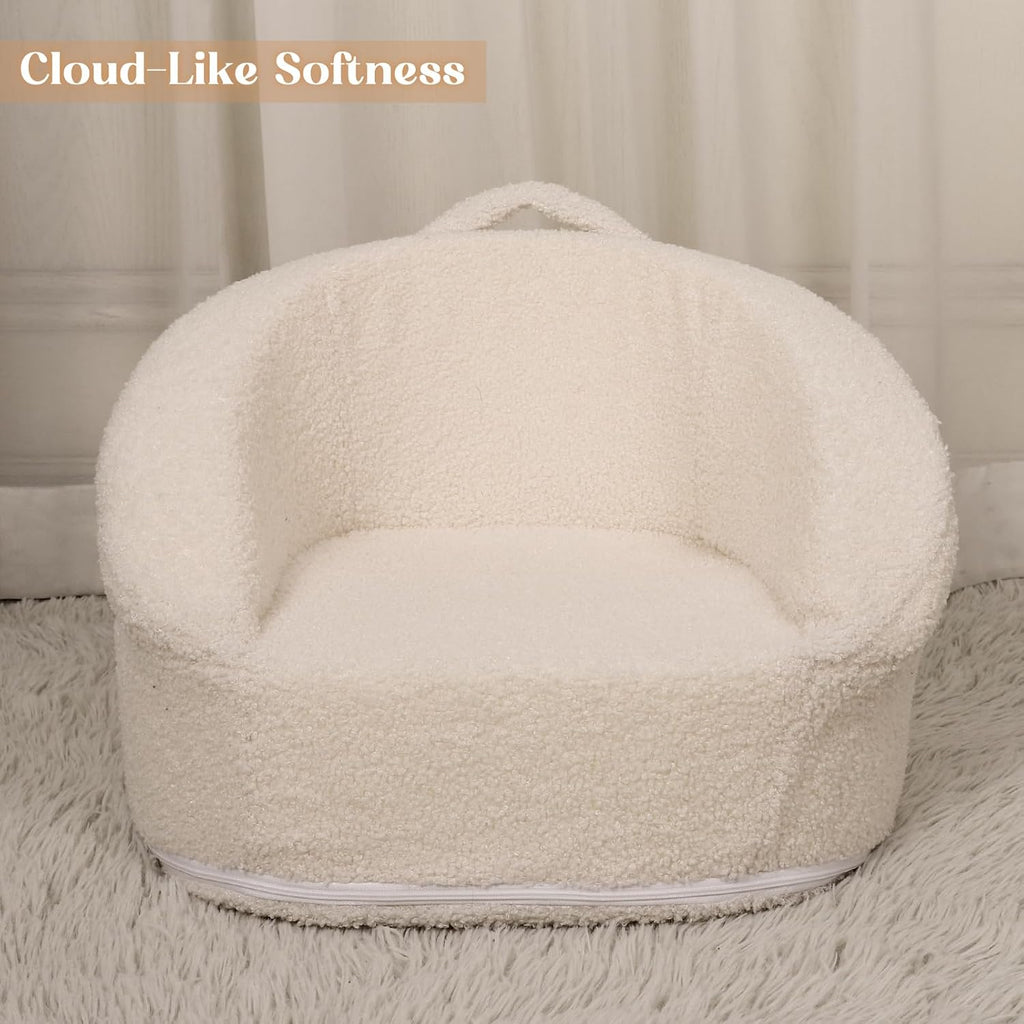 Mini Toddler Chair Comfy - 17.3'' Compact Kids Couch with Carry Handle, Soft Teddy Plush Toddle Chair, Washable Cover & Sturdy Design for Nursery & Playroom - White