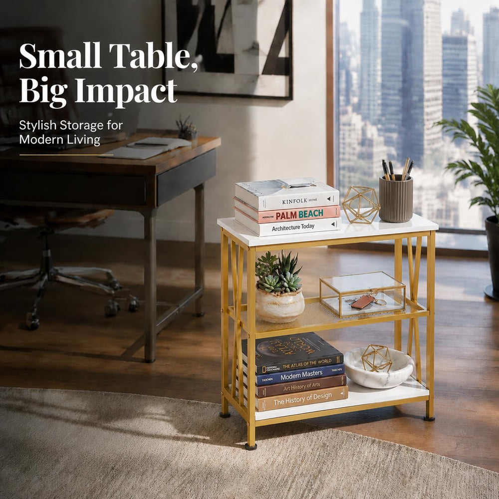 Narrow Side Table, End Table with 3 Tier Storage Shelves, Industrial Rustic A...