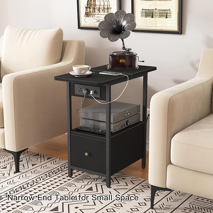 LIDYUK End Table with Charging Station, Narrow Side Table with Drawer and USB...