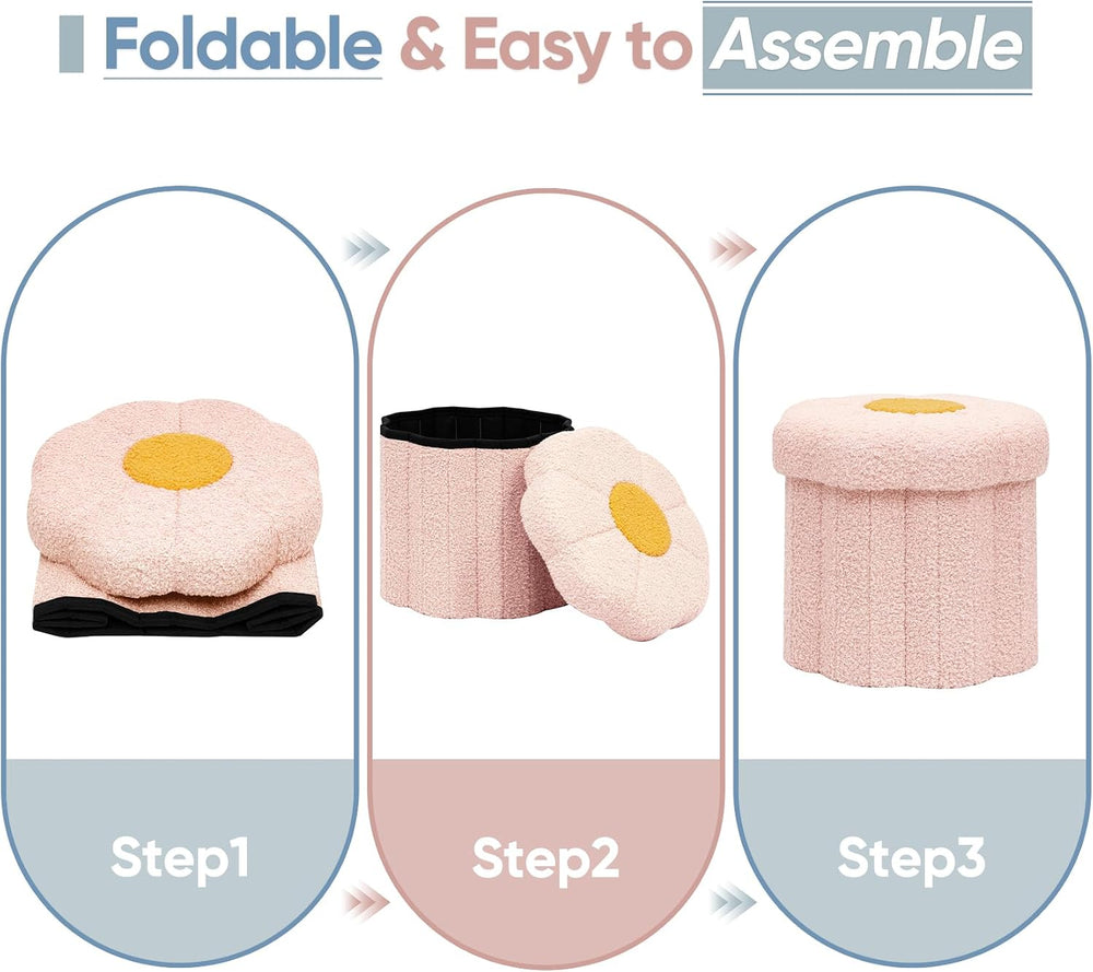 Flower Boucle Storage Ottoman, 12.6" Small Footstool with Padded Seat, F...