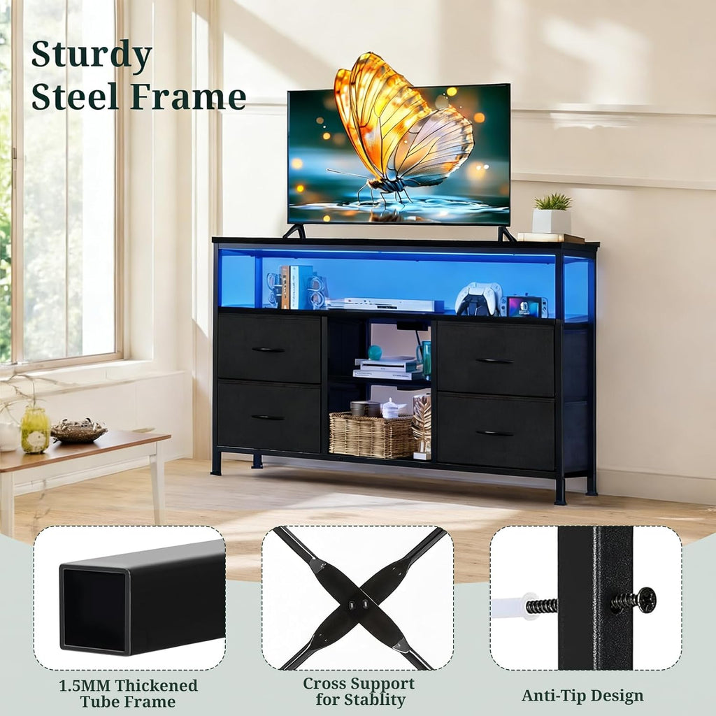 TV Stand Dresser for Bedroom, Entertainment Center with LED Lights & Charging Station, Media Console with 4 Fabric Drawers and Open Storage Shelves for Living Room, Black