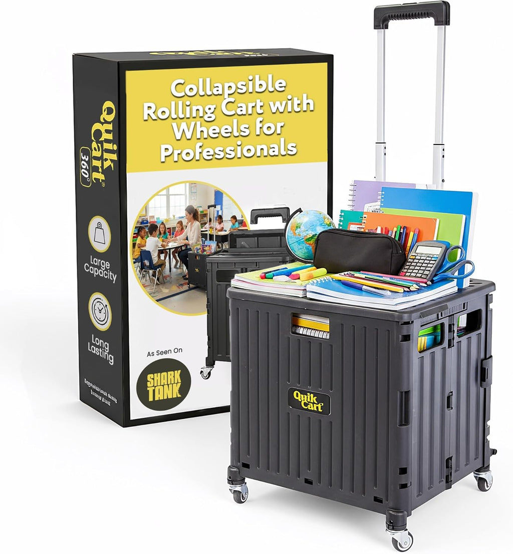 dbest products Quik Cart 360 Rolling Crate with Wheels - Collapsible Utility Cart for Teachers & Home - Heavy Duty Folding Cart with Seat - 80 lb Capacity - Black