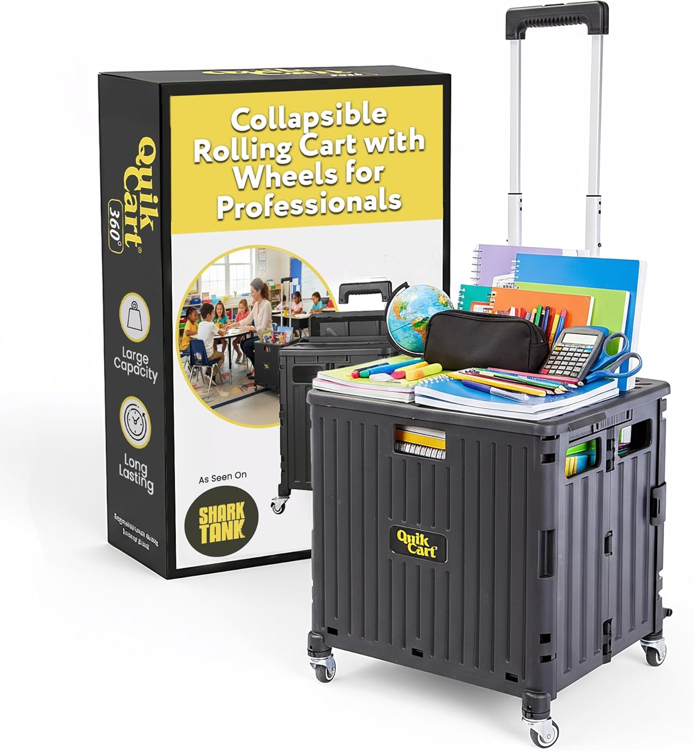 dbest products Quik Cart 360 Rolling Crate with Wheels - Collapsible Utility Cart for Teachers & Home - Heavy Duty Folding Cart with Seat - 80 lb Capacity - Black