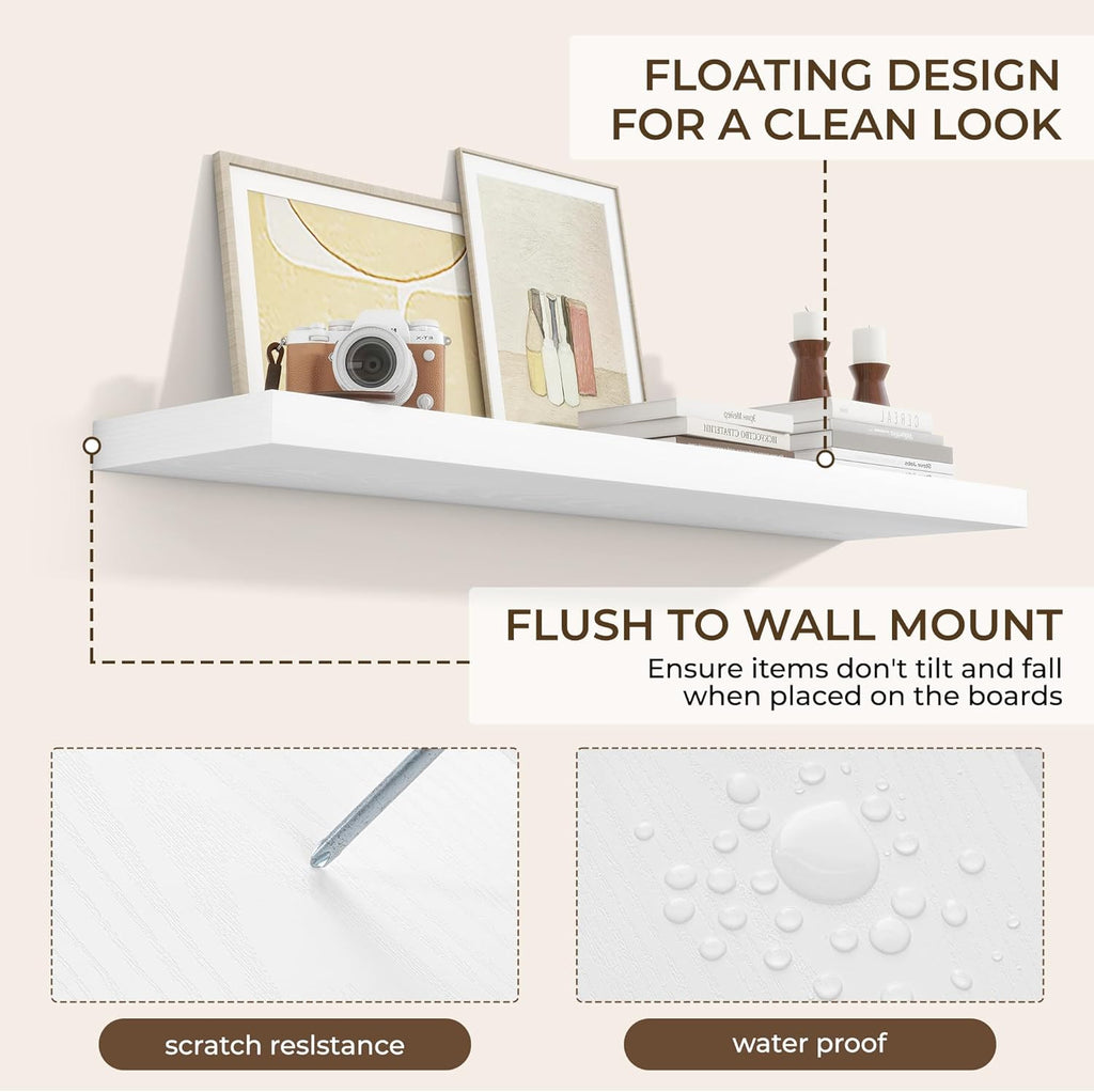 RICHFOCUS 40Inch Floating Shelves for Wall 2 Pack Shelves for Bedroom|Kitchen|Bathroom Wall Mounted Rustic Wood Floating Shelf with Invisible Brackets for Books|Storage|Decor, White