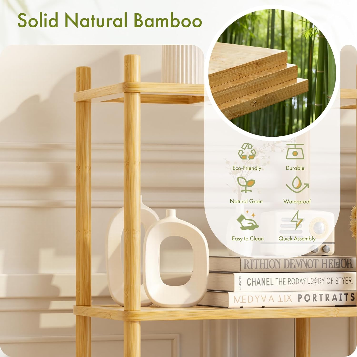 Book Shelf, 4 Tier Bamboo Bookshelf, Tall Bookcase with 8 Open Display Shelves Storage Organizer, Adjustable Bookshelves Standing Shelf Units for Bedroom, Living Room, Bathroom, Home Office