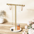Gold Necklace Organizer Stand with Storage Tray - 12.6" Tall T-Shaped Jewelry Holder Stand for Bracelets, Earrings, Rings | Stylish Home & Vanity Décor for Women.