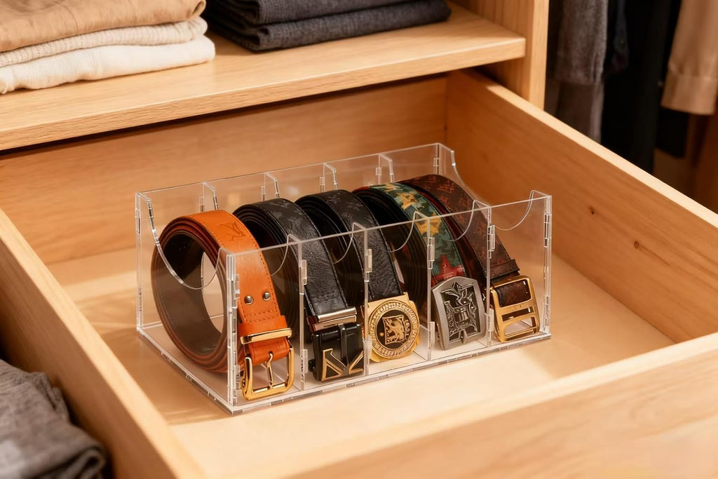 ECOSEAO Clear Acrylic 7 Compartment Belt Organizer, Adjustable DIY Divider Dustproof Belt Storage Box, Closet Holder for Men Belts Ties Jewelry Accessories (7 Ties)