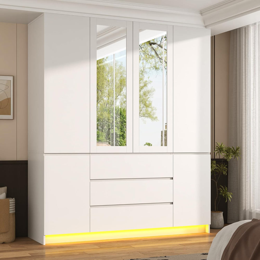 75" Tall Modern Wardrobe Closet with 2 Mirrors,LED Lights, 63"W Arm...
