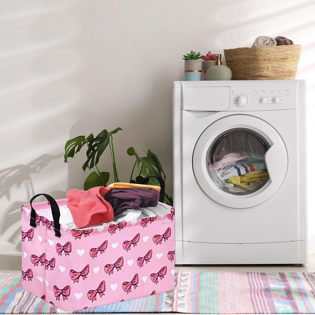 Storage Basket Home Shelf Basket Kids Organizer Box Clothes Laundry Hamper Nursery Bin Gift Laundry Basket with Handles Pink Bowknot Pattern for Home