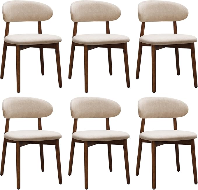 Farmhouse Dining Chairs Set of 6, Mid Century Modern Fabric Upholstered Kitchen Chairs, Wooden Dining Room Chair with Curved Back for Kitchen Dining Room Restaurant Cafe, Light Camel (Only Chairs)