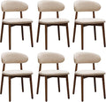 Farmhouse Dining Chairs Set of 6, Mid Century Modern Fabric Upholstered Kitchen Chairs, Wooden Dining Room Chair with Curved Back for Kitchen Dining Room Restaurant Cafe, Light Camel (Only Chairs)
