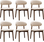 Farmhouse Dining Chairs Set of 6, Mid Century Modern Fabric Upholstered Kitchen Chairs, Wooden Dining Room Chair with Curved Back for Kitchen Dining Room Restaurant Cafe, Light Camel (Only Chairs)