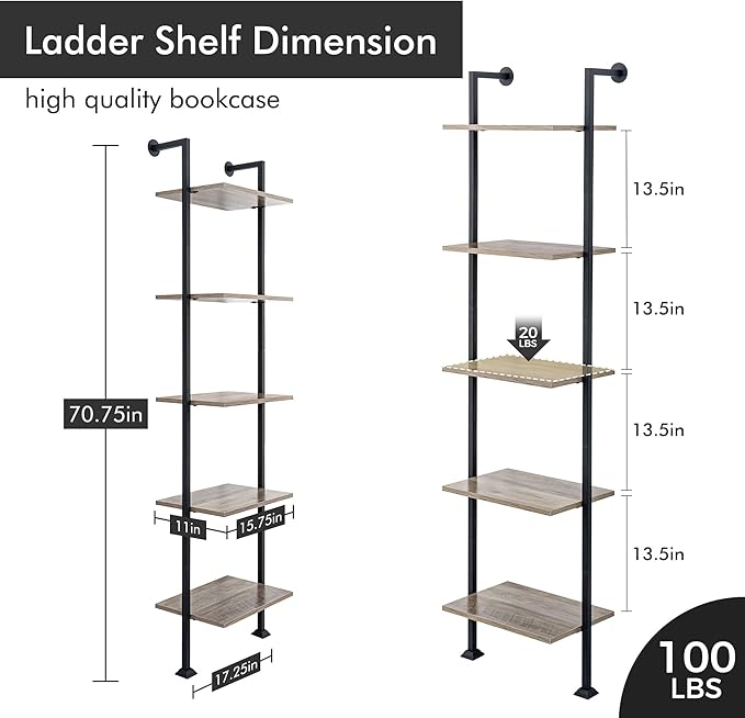 Axeman 5-Tier Ladder Shelf, Tall Narrow Bookcase for Small Spaces, Book Stora...