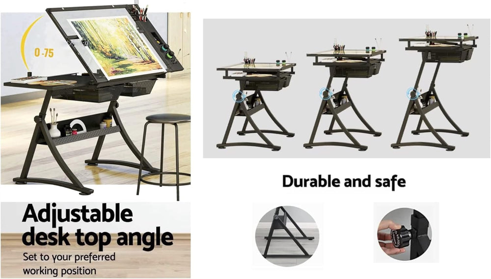 Glass Drafting Table Art Desk – Adjustable Professhional Artwork Drawing Draf...
