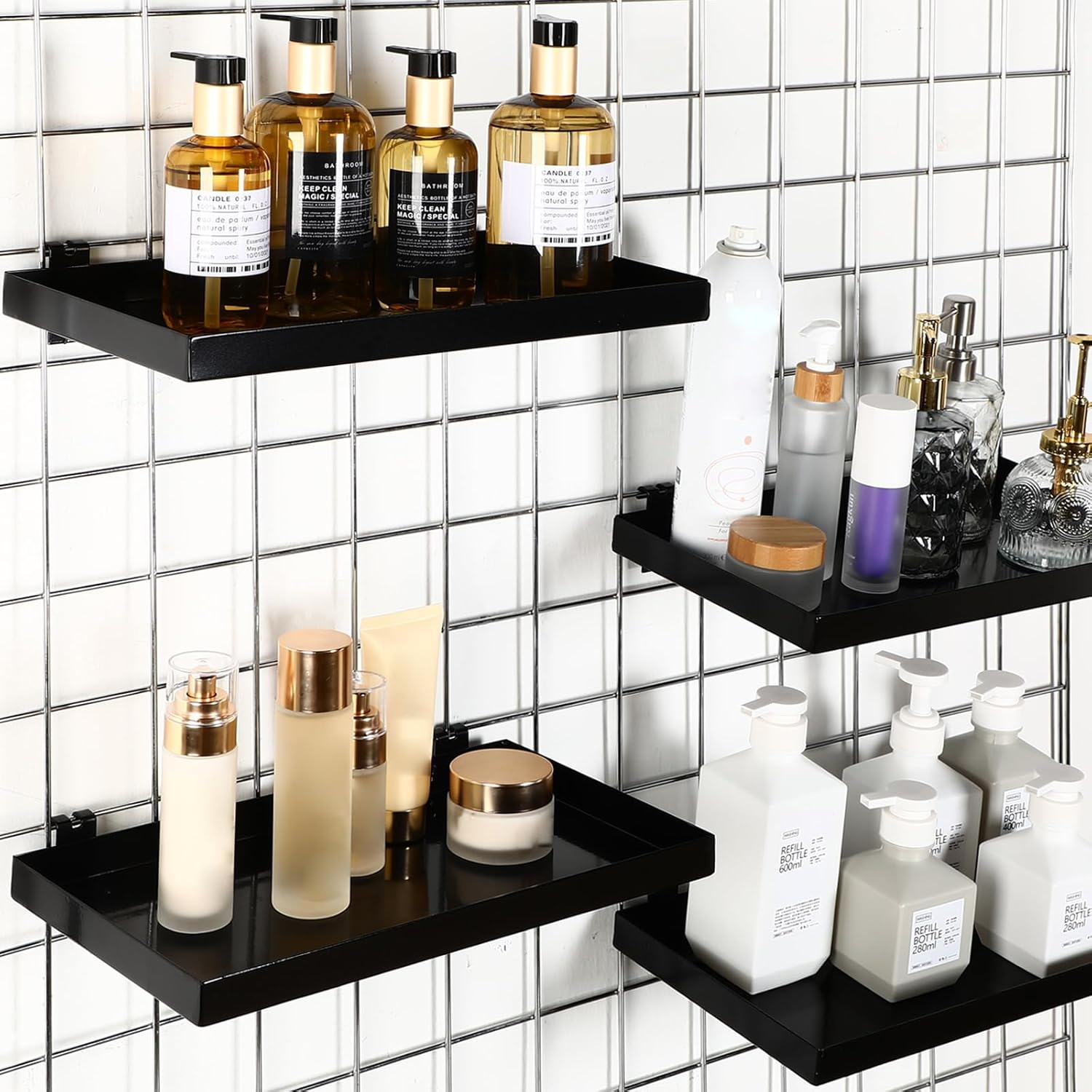 Coume 4 Pcs Grid Panel Display Shelf 11.8 x 7.87 Inch Metal Display Rack Gridwall Shelving Wall Organizer Grid Wall Panels Hanger Accessory for Crafts Room, Garage, Workbench, Office, Retail