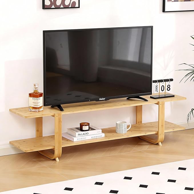 Tiita Bamboo TV Stand for 55 Inch TV, Entertainment Center with 2 Open Shelf,...