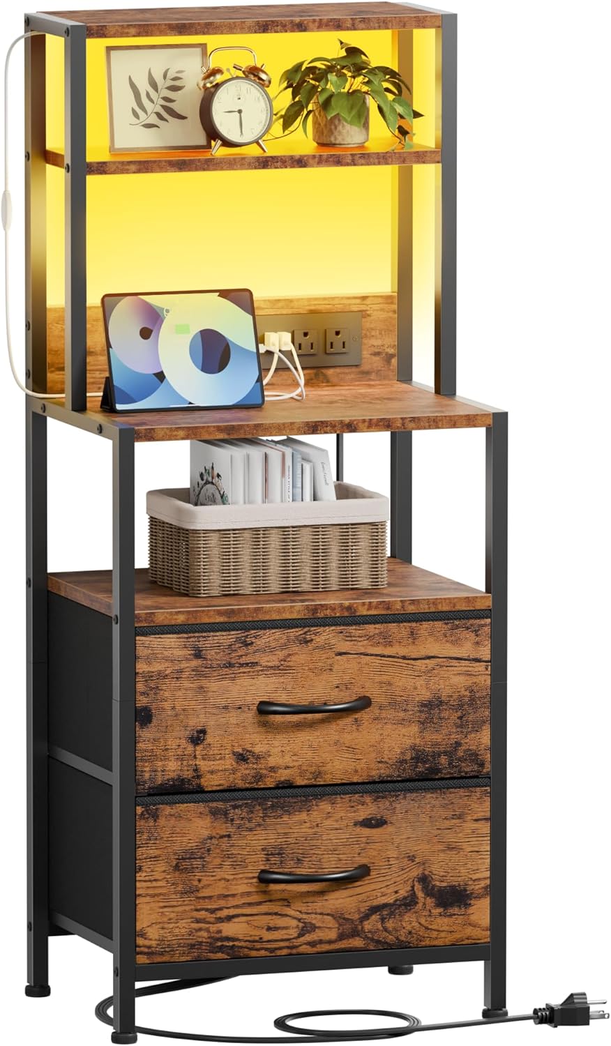Furnulem Night Stand, Tall Nightstand with 4-Tier Shelves, 2 Fabric Drawers |...