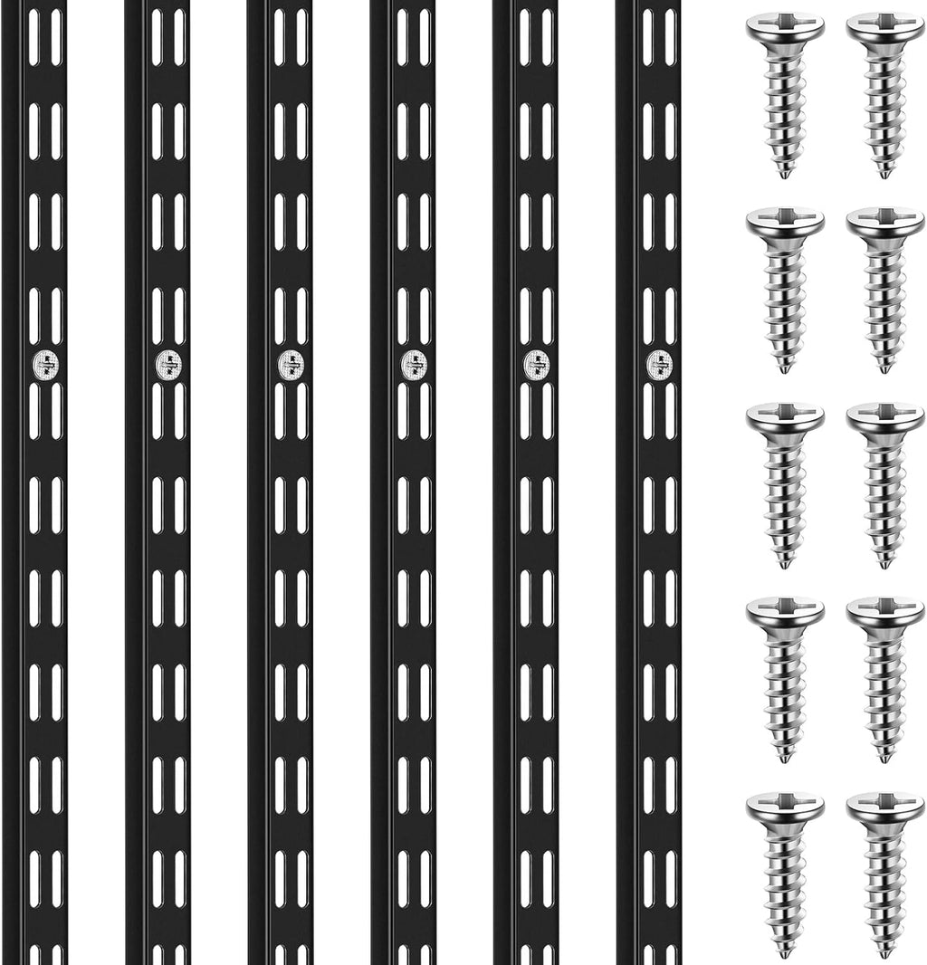 6 Pcs Dual Track Upright Wall Shelving System Heavy Duty Support System Twin Slot Shelf Rail Shelf Standards for Pantries Linen Closets Laundry Rooms(Black,47.5 Inch)