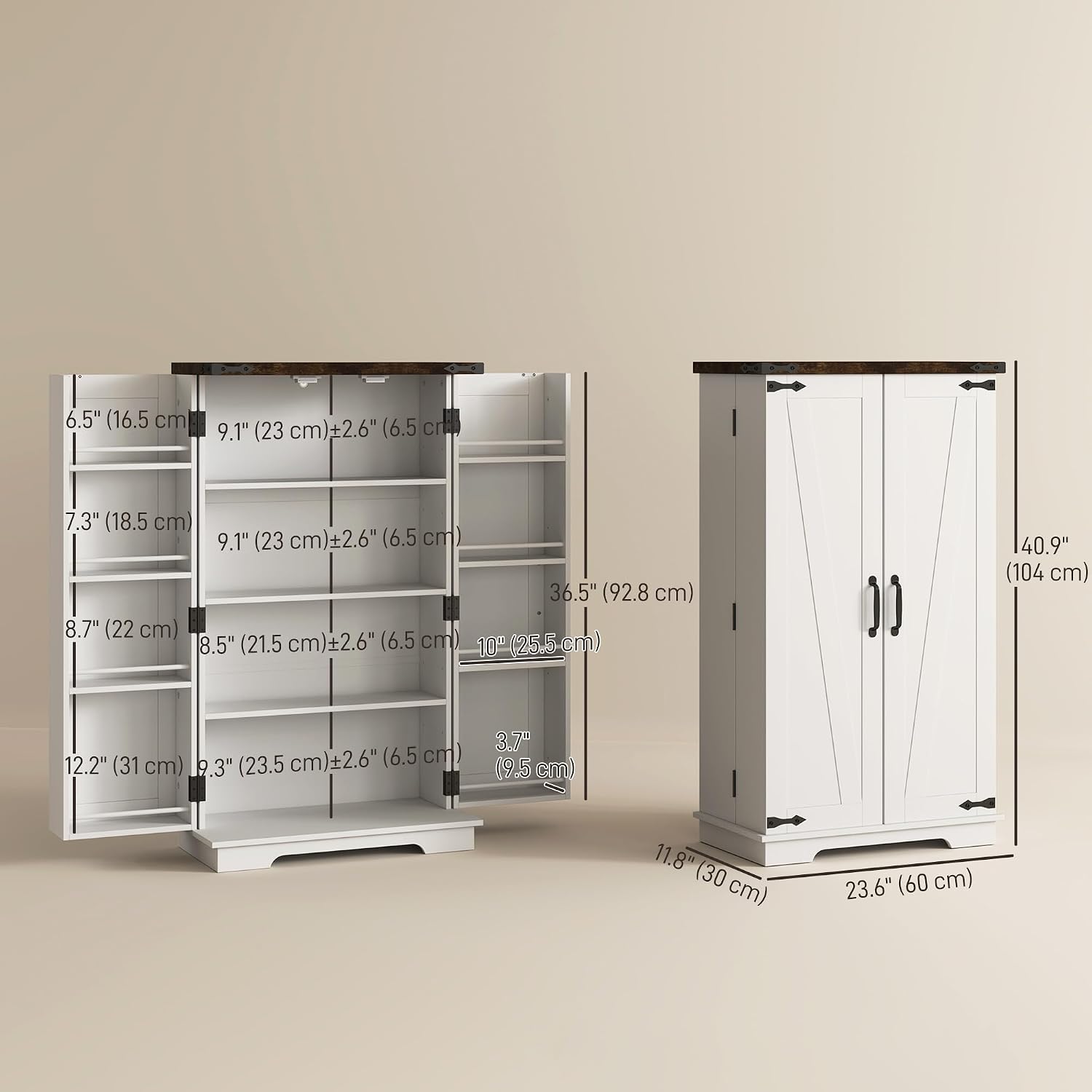 HOMCOM 41" Kitchen Pantry Cabinet Farmhouse Storage Cabinet Doors White | Freestanding, 2 Adjustable Shelves, 8 Door Shelves