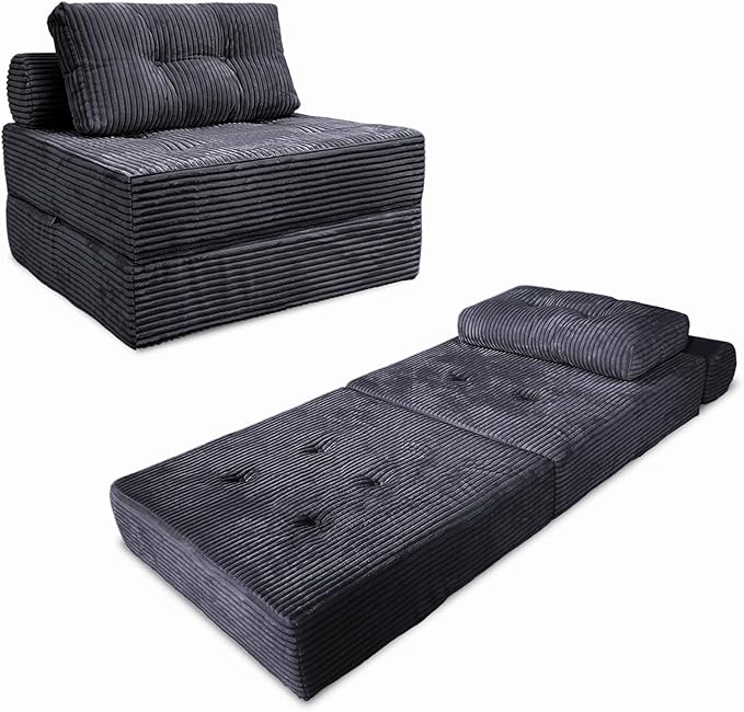 Comfy Foldable Sleeper Chair with Pillow, Supportive Memory Foam, Plush Corduroy Fabric, Cozy Floor Couch, Versatile Convertible Mattress for Bedroom/Living Room/Guest/Office, Dark Grey