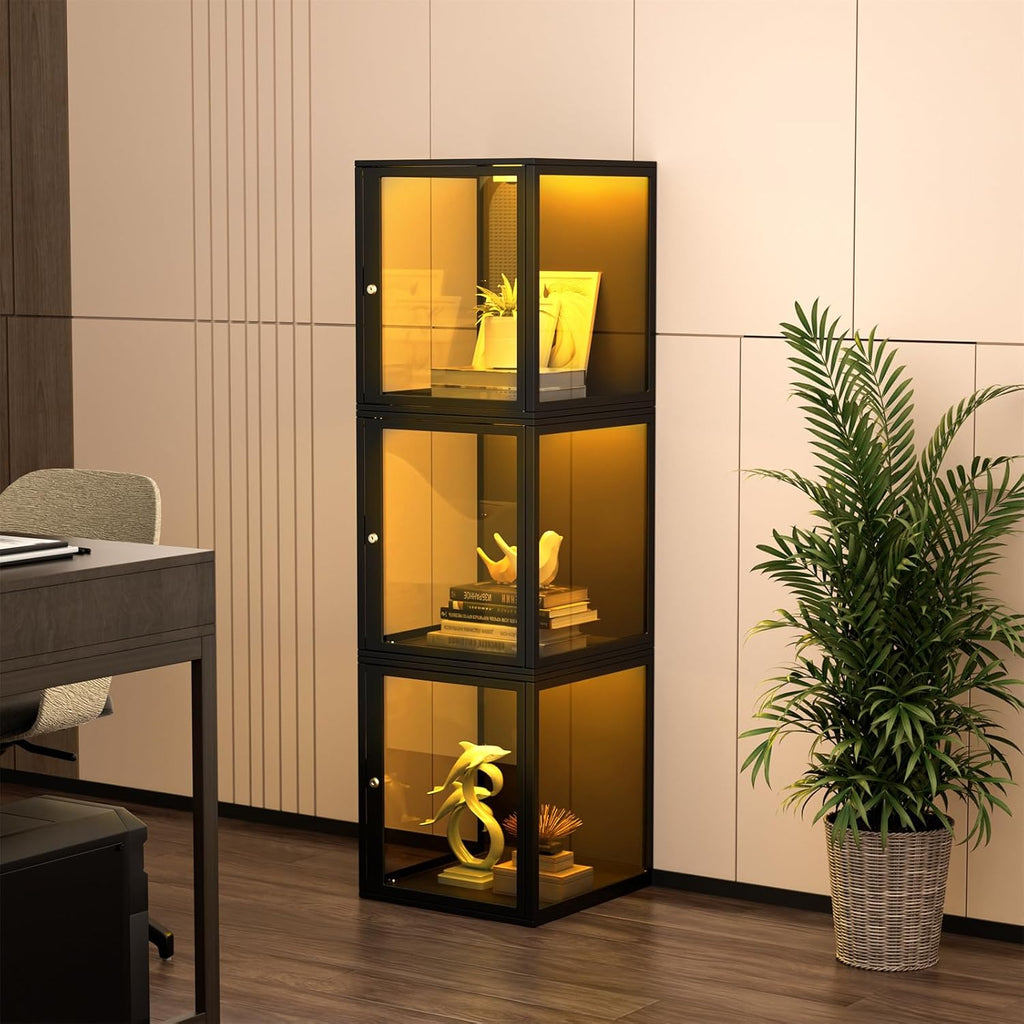 NAIZEA Display Case w/Lock, 17.7"x15.7"x15.7" LED Dustproof Show Case for Collectibles, Figure, Trophy, Display Box for Collectibles Bedroom Living Room Office Game Room,3 Pack