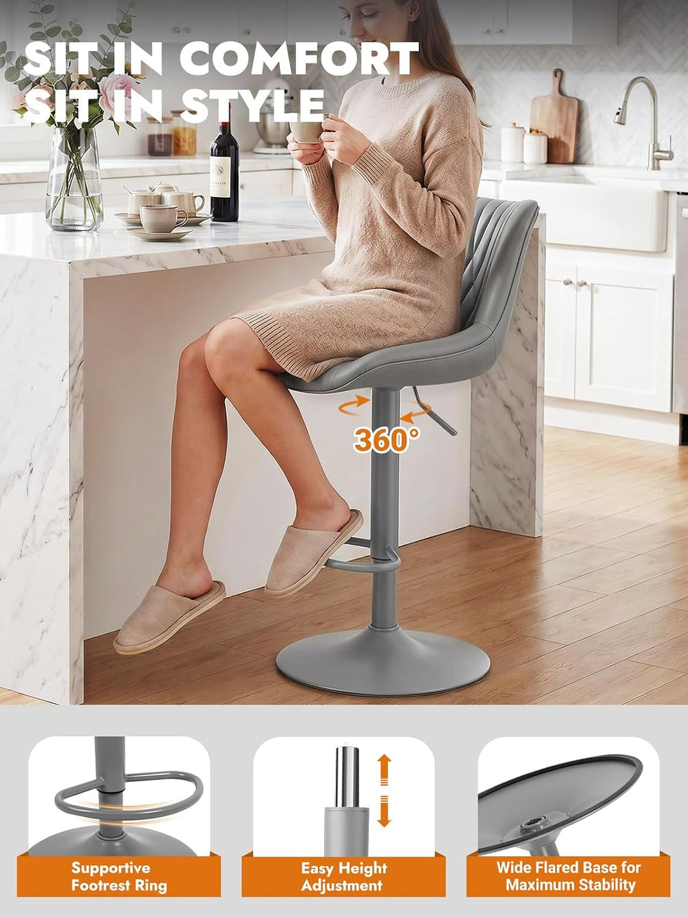 Swivel Bar Stools Set of 3, Height Adjustable Counter Height Bar Stools with ...