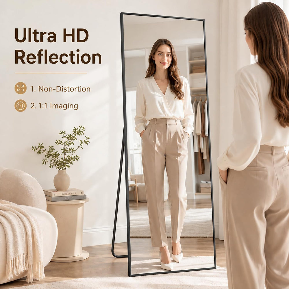 Antok 76"×34" Full Length Wall Mounted Hanging Mirror, Aluminum, Black