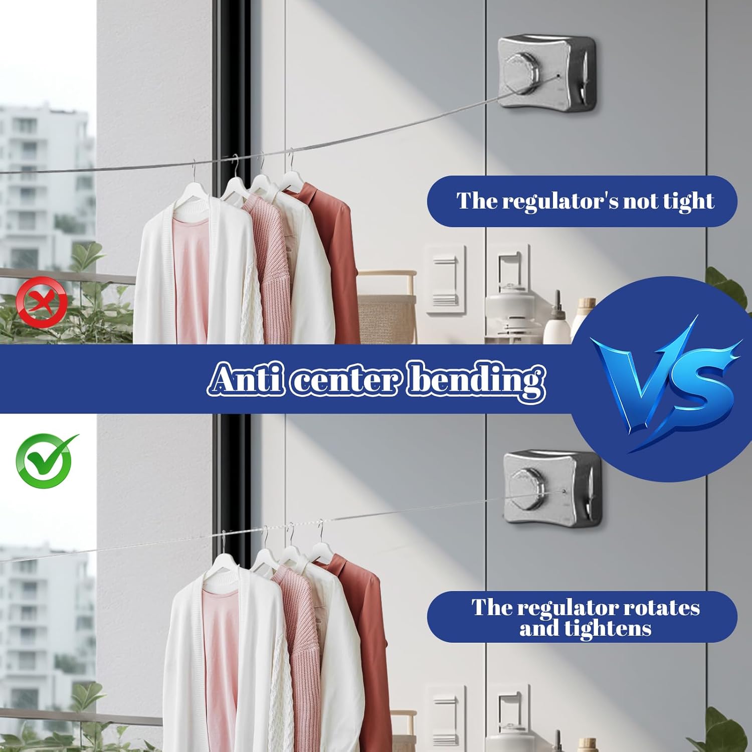 Retractable Clothesline Indoor, Non-Sagging Outdoor Clothes Line Retracting, 16.7 Ft Heavy Duty Clothes Drying Laundry Line, Wall Mounted Stainless Steel Clothesline for Balconies, Bathroom (White)