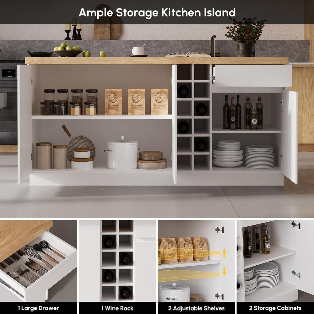 homary 72" Large Natural Kitchen Island with Storage & LED Lights, W...