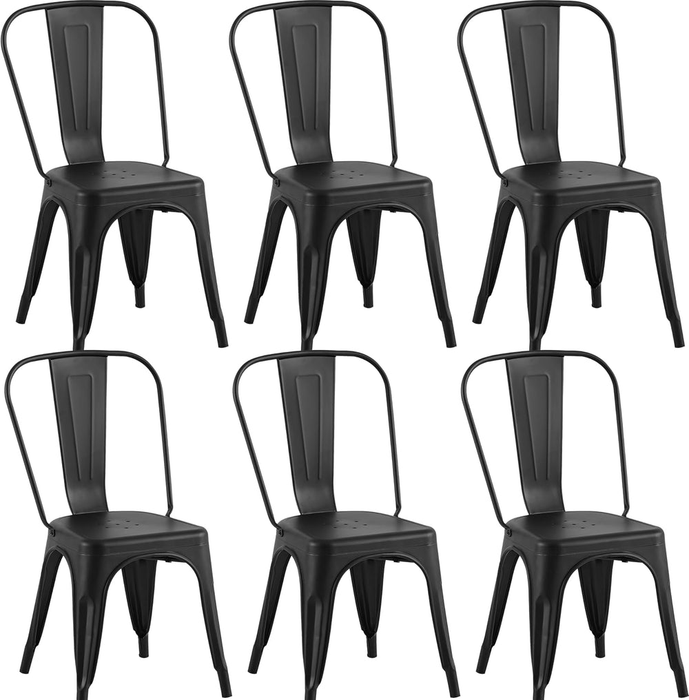 Metal Dining Chairs with Backrest, Stackable, Matte Black, 6 Pack | Easy Asse...