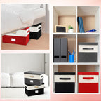 Large Linen Fabric Foldable Storage Bins with Removable Lid and Handles, Washable Storage Box Organizer Containers Baskets Cube with Cover for Bedroom,Office(Black&Cream, Large)