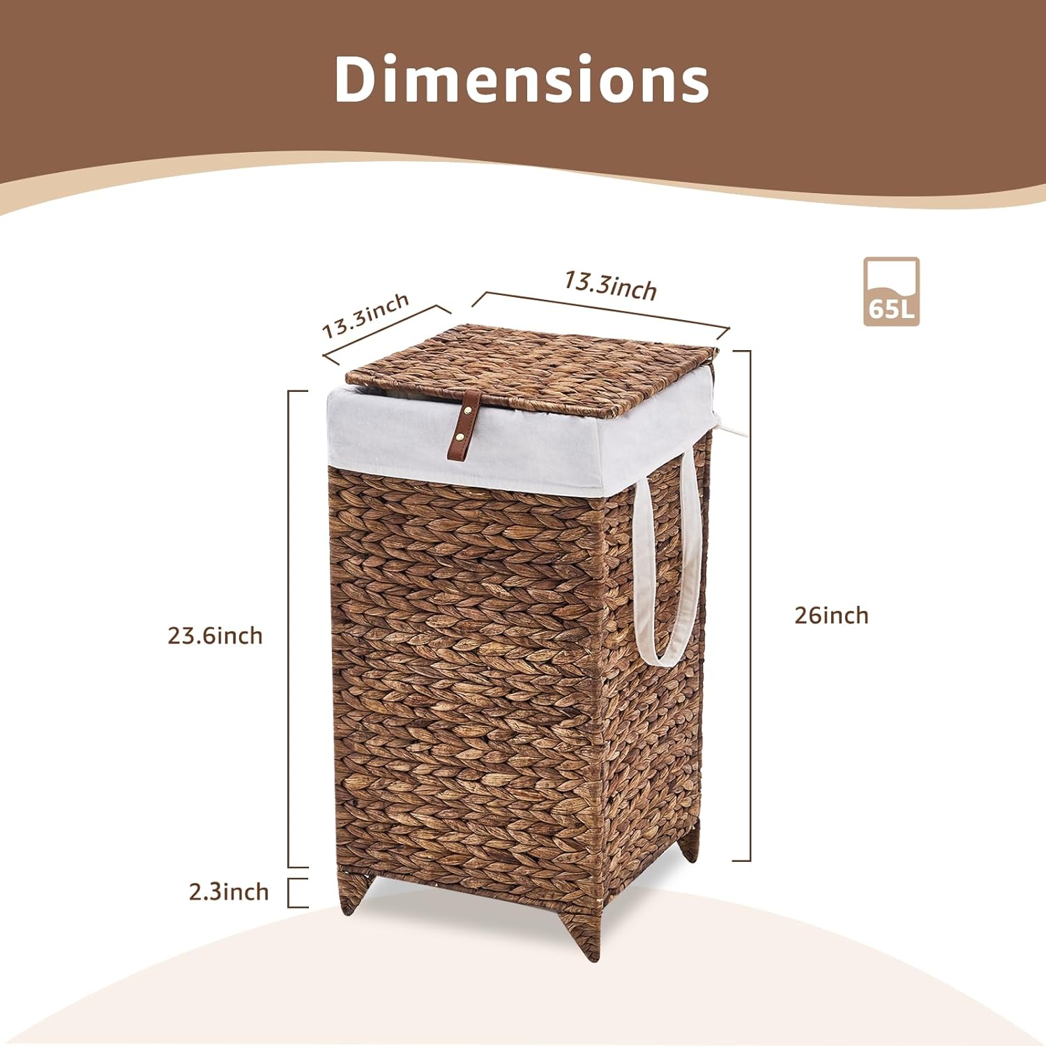 Laundry Hamper with Lid and Removable Liner Bag, Handwoven Natural Hyacinth Clothes Hamper with Heightened Feet, Wicker Laundry Basket for Clothes and Towels，Small