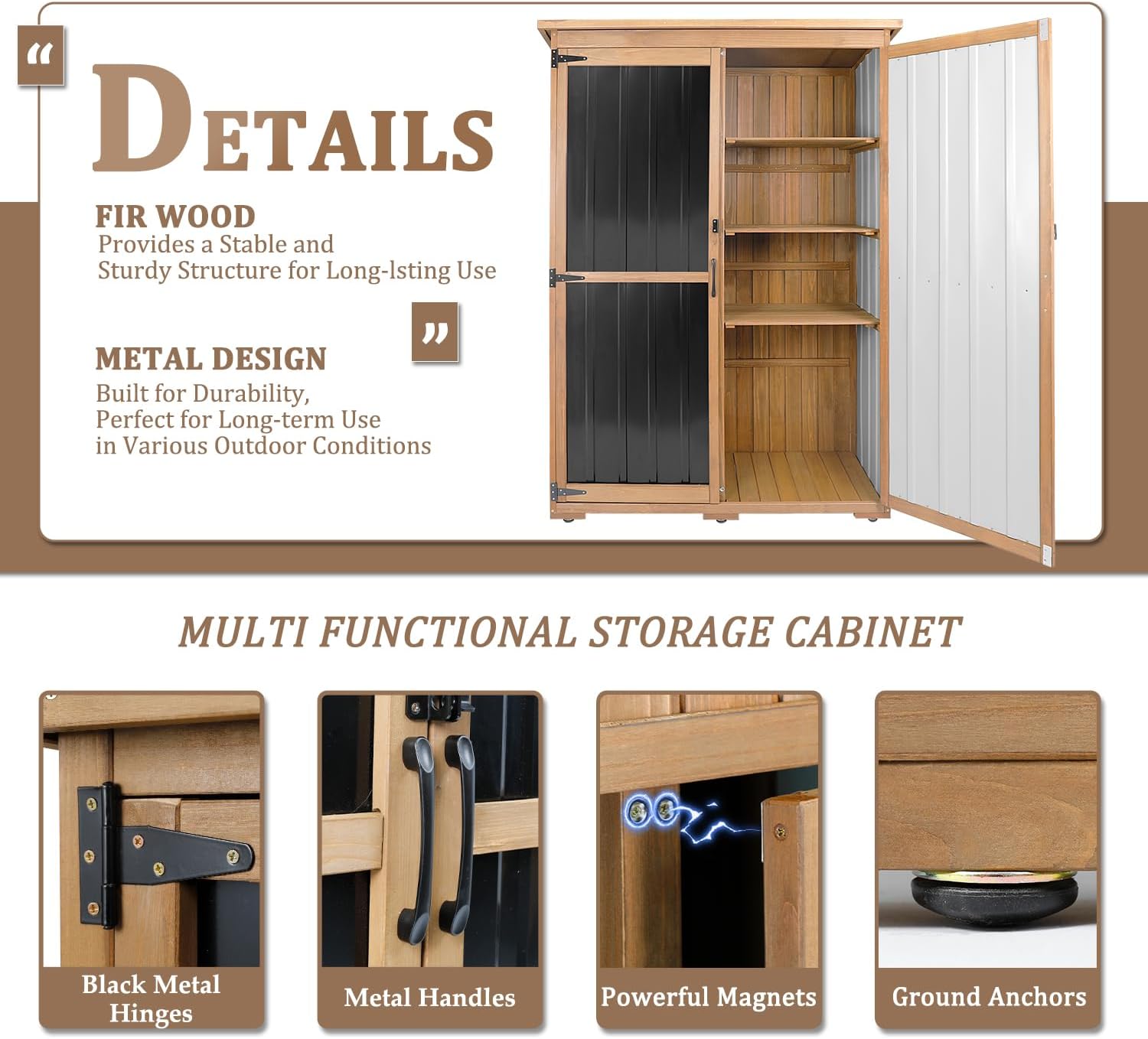 46" L Large Outdoor Storage Cabinet with Shelves, Wood & Metal Storage Shed Weather-Resistant, Outside Storage Cabinet for Garage Patio Backyard Garden with Waterproof Roof