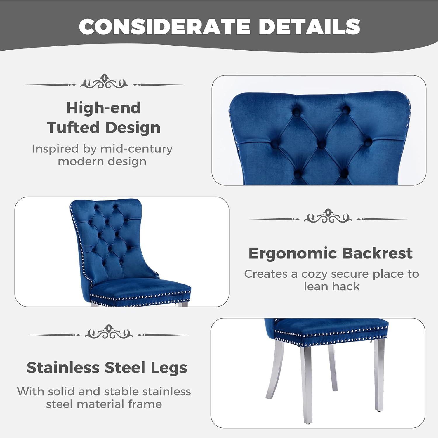 47.2 Inch Round Glass Dining Table Set for 4, Silver Round Kitchen Table with 4 Upholstered Velvet Accent Chairs, 5 Piece Modern Dining Room Set, for Home, Apartment, Kitchen - Blue Chairs