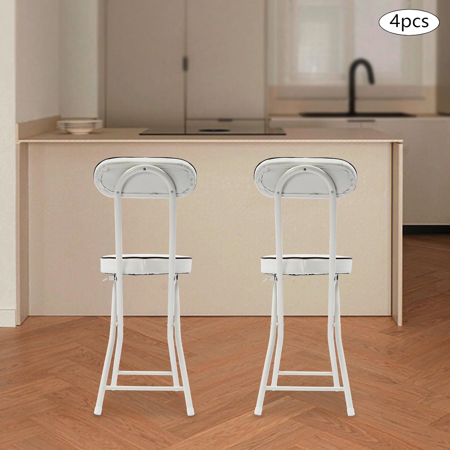 4Pcs Folding Stool with Back Cushioned Padded Folding Stool Portable Bar Stool Collapsible Counter Height Chair for Kitchen Island Home Office Camping Fishing Hiking 18.9Inch Height (White)
