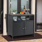 Garvee Patio Outdoor Wicker Storage Cabinet with Shelf, Powder Coated Steel, Patio Bar Table with 2-Door and Shelf, All Weather Resin Wicker, Patio Pool Garden Kitchen, Grey Table