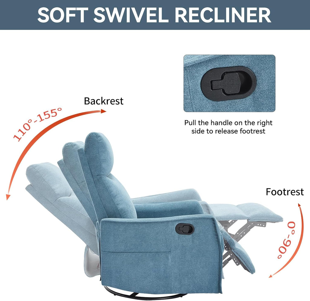 Anwick 360° Swivel Rocker Recliner Chair with Heat and Massage, Manual Upholstered Recliner for Small Spaces, Fabric Glider Nursery Chair with Side Pockets for Living Room (Blue)