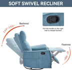 Anwick 360° Swivel Rocker Recliner Chair with Heat and Massage, Manual Upholstered Recliner for Small Spaces, Fabric Glider Nursery Chair with Side Pockets for Living Room (Blue)