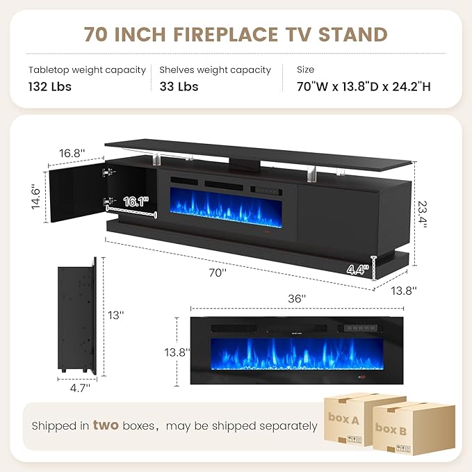 70" Fireplace TV Stand, Modern Entertainment Center for TVs Up to 80", TV Console with Storage Cabinets, Media Console for Living Room, Black TV Stand and Black Fireplace WI-FI Enabled